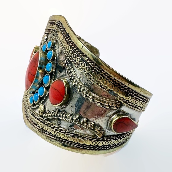 Vintage Afghan Bracelet: Cuff Kuchi Middle Eastern Blue Red Boho #2 - Picture 4 of 6